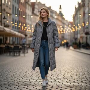 Vintage Long Gray Down Quilted Puffer Coat for Women‎